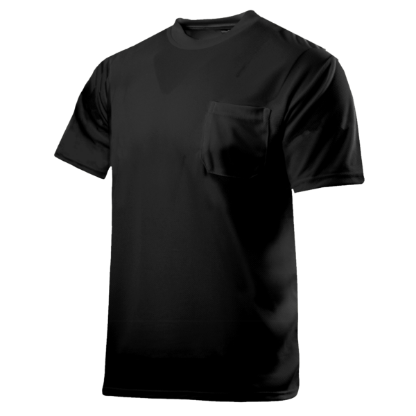 Vista diagonal de la camiseta de manga corta negra con tejido bird’s eye
