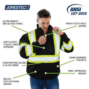 Trabajador usando el suéter de seguridad JORESTECH negro con forro polar, cintas reflectantes, cremallera resistente, bolsillos para las manos y franjas amarillas de alta visibilidad en contraste, cumple con ANSI