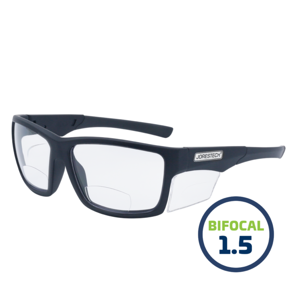 Gafas de lectura de seguridad bifocales JORESTECH con protector lateral transparente para protección contra impactos fuertes. Estas gafas de seguridad tienen montura negra y lentes de policarbonato transparentes. En un dibujo verde y azul se lee bifocal 1.5