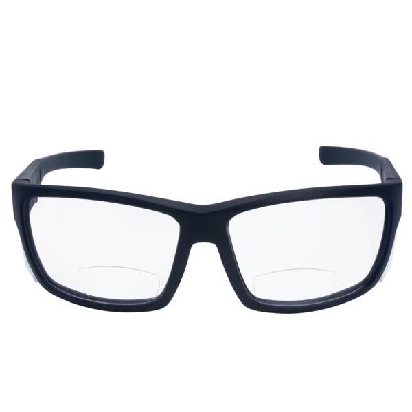 Vista frontal de unas gafas de lectura de seguridad bifocales JORESTECH con protectores laterales para protección contra alto impacto. Estas gafas de seguridad tienen armazón negro y lentes transparentes de policarbonato sobre fondo blanco