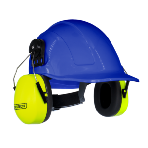 Kit de casco de seguridad estilo gorra azul con orejeras montables color lima