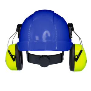 Kit de casco duro azul estilo gorra con orejeras montables color lima