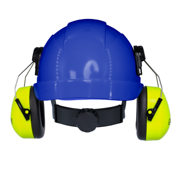 Kit de casco duro azul estilo gorra con orejeras montables color lima