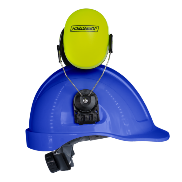 Kit de casco de seguridad azul estilo gorra con orejeras montables color lima