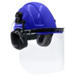 Kit de casco rígido tipo gorra azul con orejeras montables y pantalla facial de alta transparencia