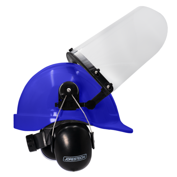 Casco de seguridad estilo gorra azul con orejeras montables y pantalla facial de alta transparencia