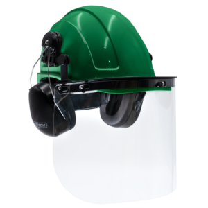 Kit de casco de seguridad verde tipo gorra con orejeras montables y pantalla facial de alta transparencia