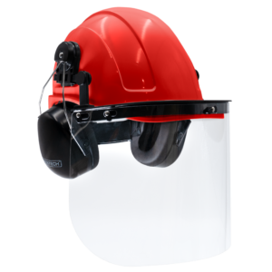 Kit de casco de seguridad tipo gorra rojo con orejeras montables y pantalla facial de alta transparencia