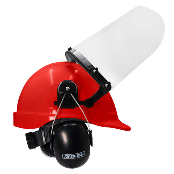 Kit de casco de seguridad estilo gorra rojo con orejeras montables y pantalla facial de alta transparencia