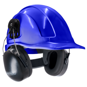 Casco de seguridad azul estilo gorra con orejeras montables
