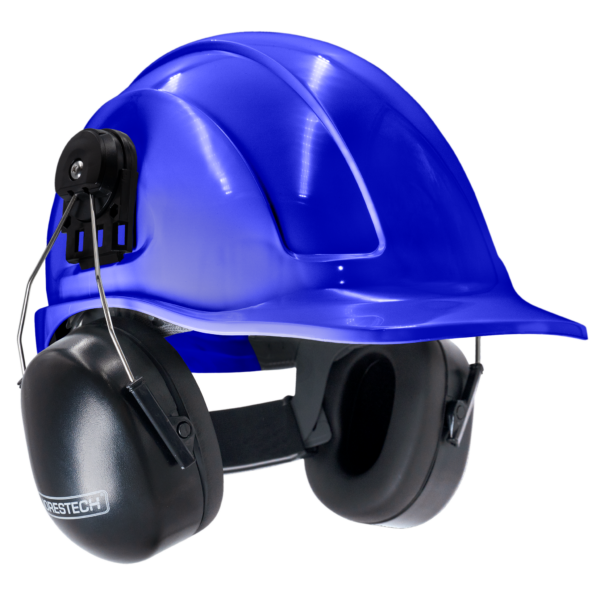 Casco de seguridad azul estilo gorra con orejeras montables