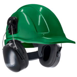 Casco de seguridad verde estilo gorra con orejeras montables