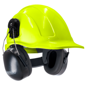 Casco de seguridad estilo gorra color lima con orejeras montables