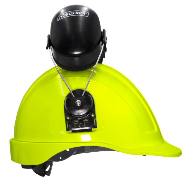 Casco de seguridad estilo gorra color lima con orejeras montables