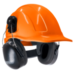 Casco rígido estilo gorra naranja con orejeras montables