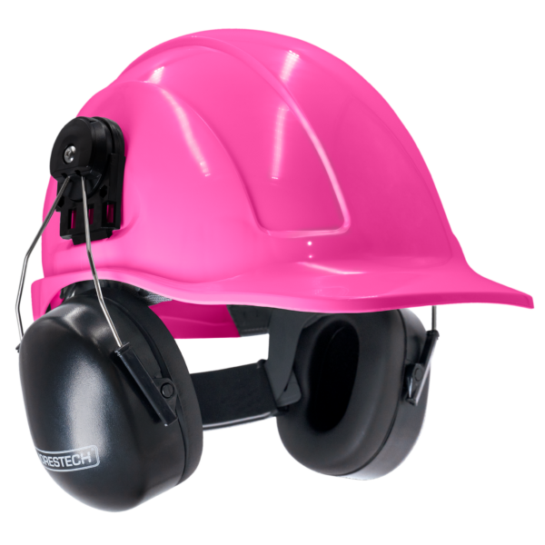 Casco de seguridad rosa estilo gorra con orejeras montables