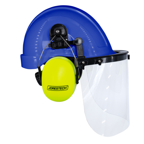 Kit de casco duro estilo gorra azul con orejeras montables de color lima y pantalla facial de alta transparencia