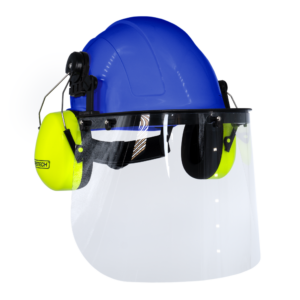 Kit de casco de seguridad estilo gorra azul con orejeras montables color lima y pantalla facial de alta transparencia
