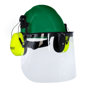 Kit de casco de seguridad tipo gorra verde con orejeras montables color lima y pantalla facial de alta transparencia