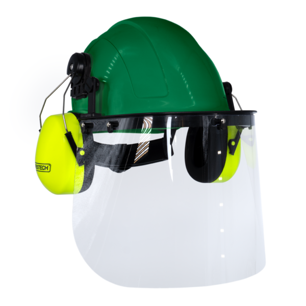 Kit de casco de seguridad tipo gorra verde con orejeras montables color lima y pantalla facial de alta transparencia