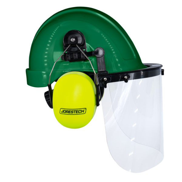 Kit de casco de seguridad estilo gorra verde con orejeras montables color lima y pantalla facial de alta transparencia