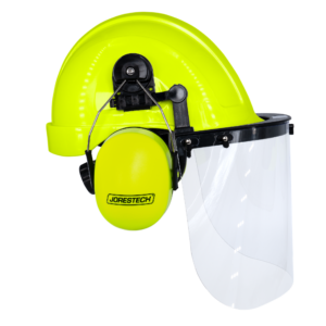 Kit de casco de seguridad tipo gorra color lima con orejeras montables color lima y pantalla facial de alta transparencia