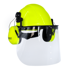 Kit de casco rígido estilo gorra color lima con orejeras montables color lima y pantalla facial de alta transparencia