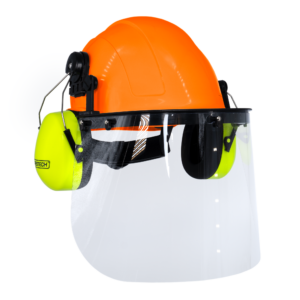 Kit de casco de seguridad tipo gorra naranja con orejeras montables de color lima y pantalla facial de alta transparencia