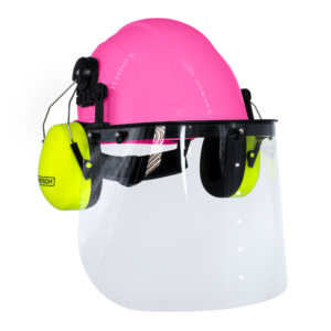 Kit de casco de seguridad tipo gorra rosa con orejeras montables color lima y pantalla facial de alta transparencia