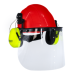 Kit de casco de seguridad estilo gorra rojo con orejeras montables verde lima y pantalla facial de alta transparencia