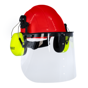 Kit de casco de seguridad estilo gorra rojo con orejeras montables verde lima y pantalla facial de alta transparencia