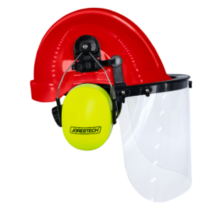 Kit de casco de seguridad estilo gorra rojo con orejeras montables de color lima y pantalla facial de alta transparencia