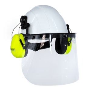 Kit de casco blanco tipo gorra con orejeras montables de color lima y pantalla facial de alta transparencia