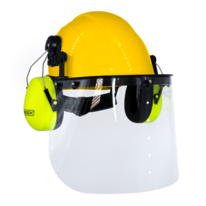 Kit de casco rígido estilo gorra amarillo con orejeras montables color lima y pantalla facial de alta transparencia