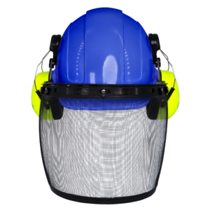 Casco rígido estilo gorra azul con orejeras verdes montables y pantalla facial de malla
