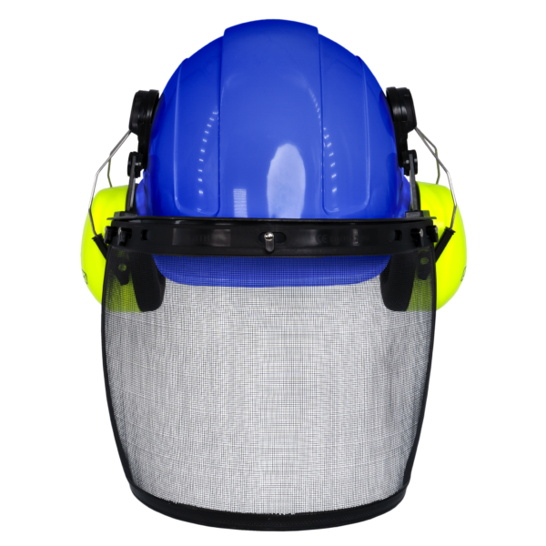 Casco rígido estilo gorra azul con orejeras verdes montables y pantalla facial de malla