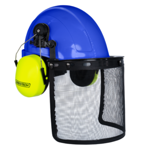 Casco duro estilo gorra azul con orejeras verdes montables y pantalla facial de malla