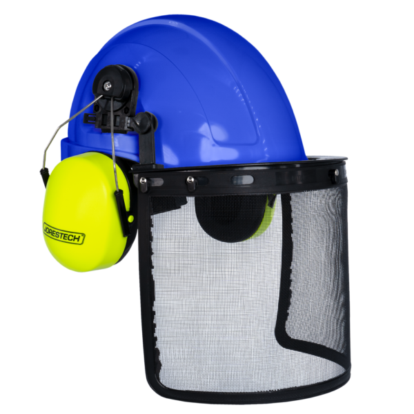 Casco duro estilo gorra azul con orejeras verdes montables y pantalla facial de malla