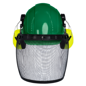 Casco de estilo gorra verde con orejeras color lima montables y pantalla facial de malla