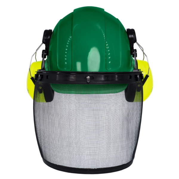 Casco de estilo gorra verde con orejeras color lima montables y pantalla facial de malla