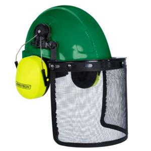 Casco de estilo gorra verde con orejeras de color lima montables y pantalla facial de malla