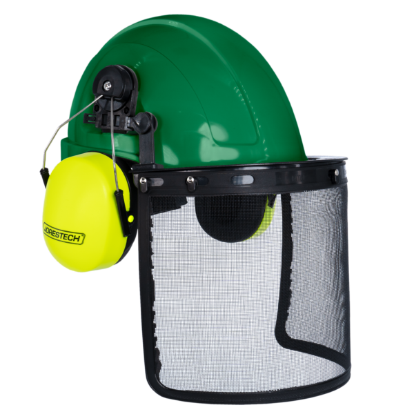 Casco de estilo gorra verde con orejeras de color lima montables y pantalla facial de malla