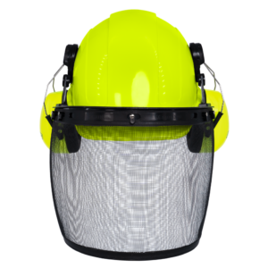 Casco rígido estilo gorra color lima con orejeras montables color lima y pantalla facial de malla