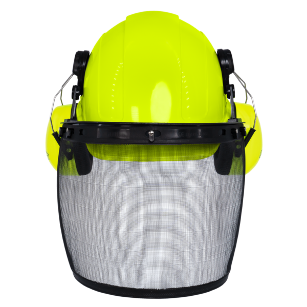Casco rígido estilo gorra color lima con orejeras montables color lima y pantalla facial de malla