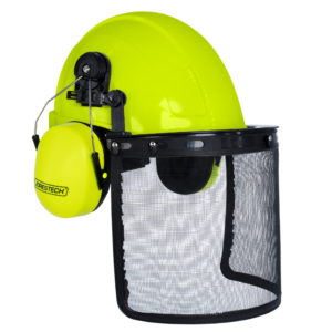 Casco de seguridad estilo gorra color lima con orejeras montables color lima y pantalla facial de malla