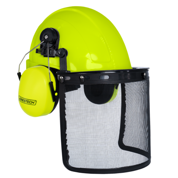 Casco de seguridad estilo gorra color lima con orejeras montables color lima y pantalla facial de malla