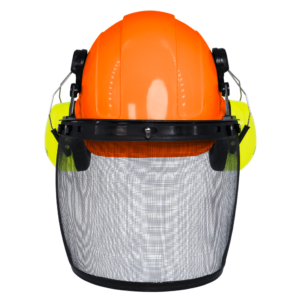 Casco de seguridad estilo gorra naranja con orejeras verdes montables y pantalla facial de malla