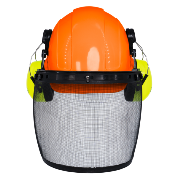 Casco de seguridad estilo gorra naranja con orejeras verdes montables y pantalla facial de malla