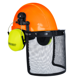 Casco de seguridad estilo gorra naranja con orejeras verdes montables y pantalla facial de malla