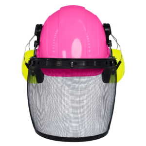 Casco rígido estilo gorra rosa con orejeras verdes montables y pantalla facial de malla